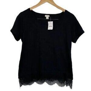 NWT J. CREW WOMEN'S BLACK SHORT SLEEVE LACE SCALLOPED HEM TOP MEDIUM